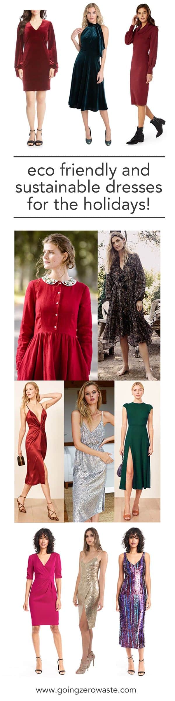 A photo collage of sustainable party dresses with overlay text reading "eco friendly and sustainable dresses for the holidays!"